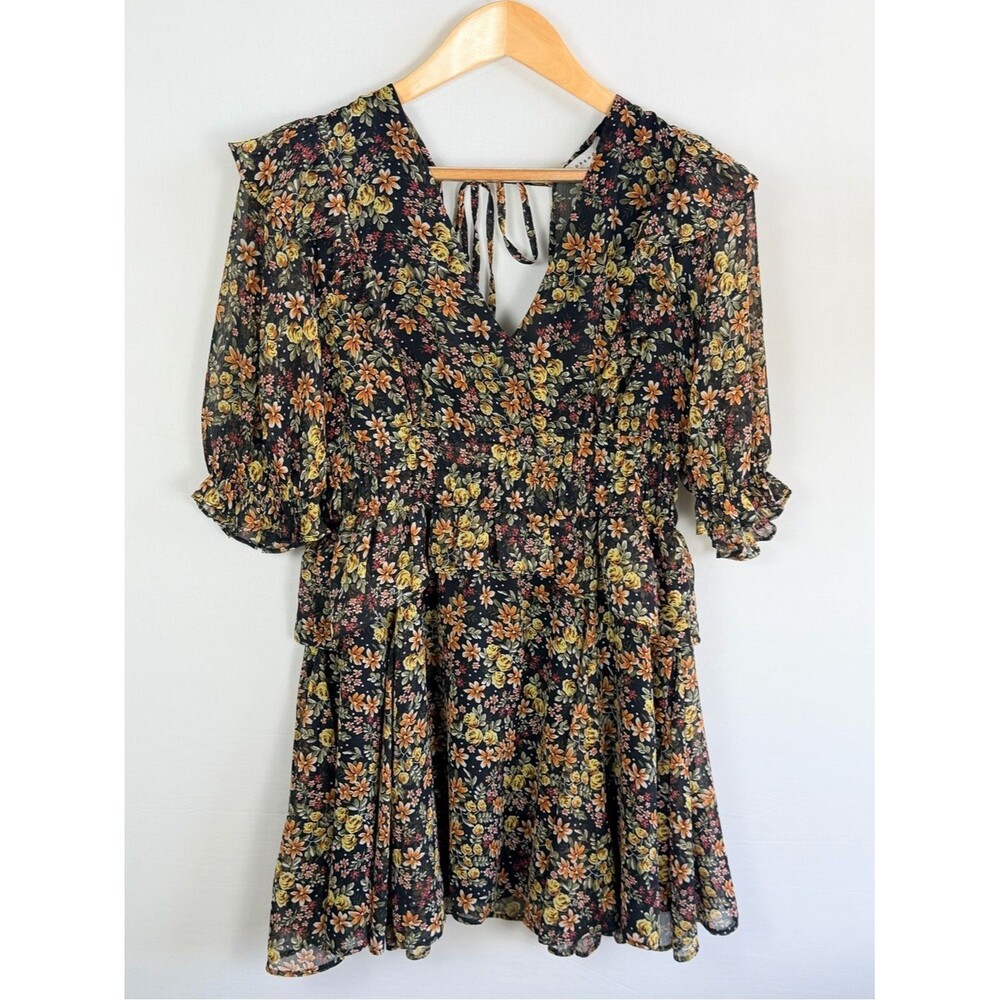 Topshop US 8 Black Marigold Floral Ruffle Mini Dress Open Back NWT